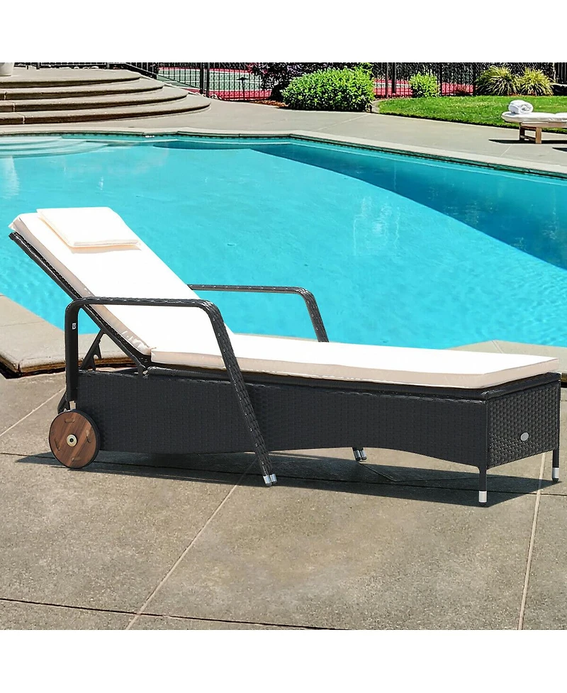 Slickblue Reclining Outdoor Rattan Lounge Chair with Adjustable Back and Wheels