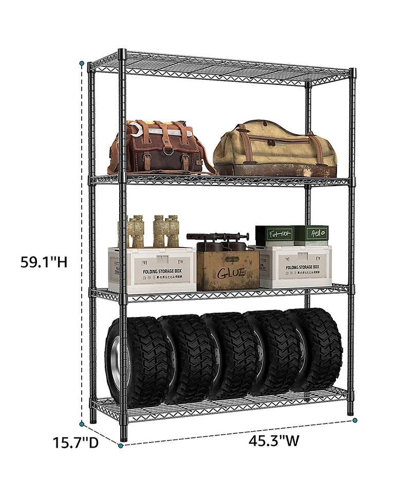 Rainsken 4- Tier Metal Storage Shelves, Adjustable Wire Shelving Rack for Garage, Basement, Warehouse, 1400 Lbs Capacity