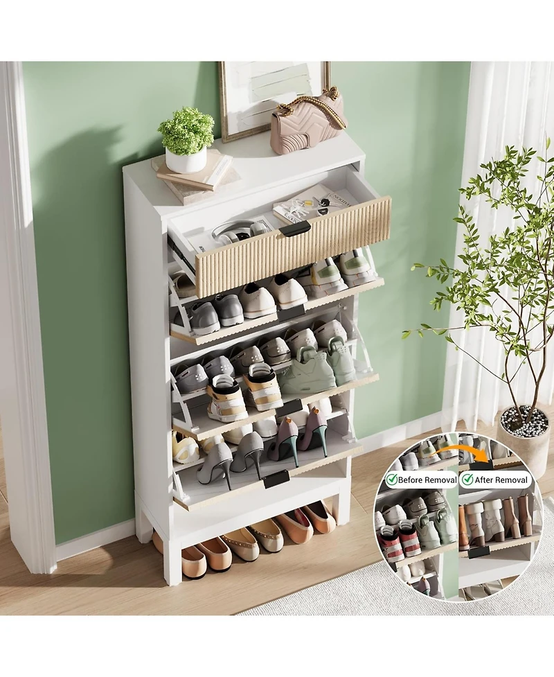 gaomon Shoe Storage Cabinet with 3 Flip Drawers Fluted Organizer Metal Legs Slim Entryway Rack and Oak