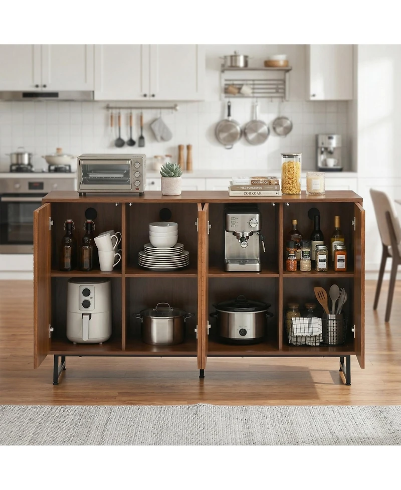 Premium Walnut Mid-Century Sideboard with Geometric Carved Doors