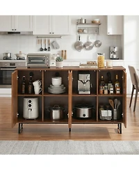 Premium Walnut Mid-Century Sideboard with Geometric Carved Doors
