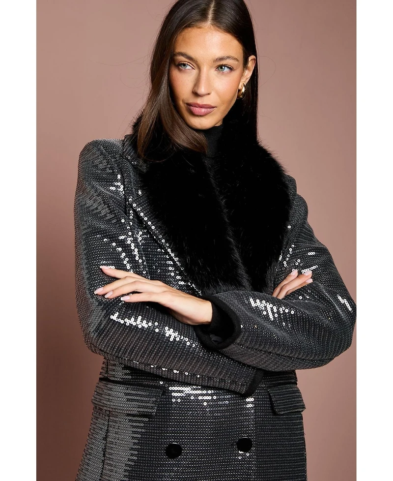 Coast Women's Faux Fur Collar Sequin Longline Coat