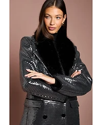 Coast Women's Faux Fur Collar Sequin Longline Coat