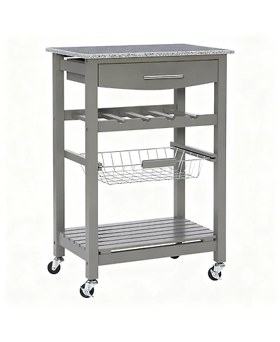 Yigii Granite top pine kitchen storage cart with casters and drawers