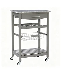 Yigii Granite top pine kitchen storage cart with casters and drawers