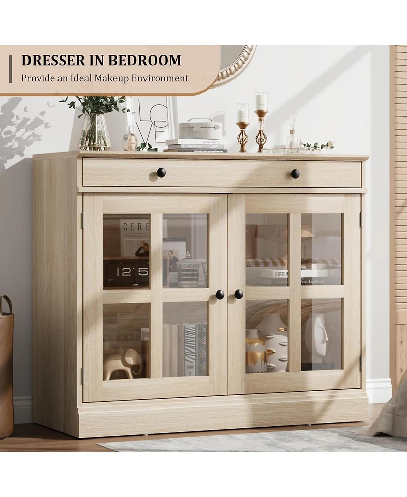 gaomon 35 Point 4 Inch Oak Sideboard Buffet Cabinet with Glass Door Modern Storage Adjustable Shelves Drawer Dining Room Kitchen