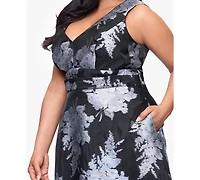 Betsy & Adam Plus Printed V-Neck Midi Dress
