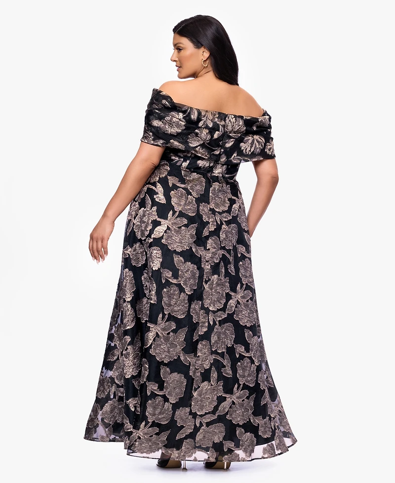 Betsy & Adam Plus Printed Off-The-Shoulder Ball Gown