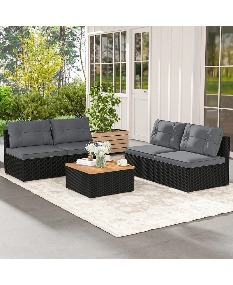 Gymax Set Of 5 Outdoor Furniture Set w/ Seat and Back Cushions Acacia Wood Tabletop