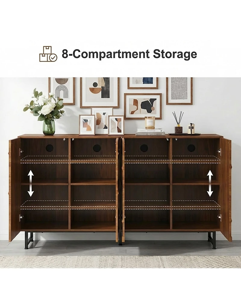 Clihome 59" Modern Solid Wood Sideboard with Wave Relief & Iron Legs