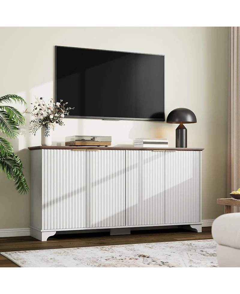 gaomon 61 Inch Modern Fluted Wood Buffet Cabinet with 4 Doors - Adjustable Shelf Storage Sideboard for Kitchen, Dining Room