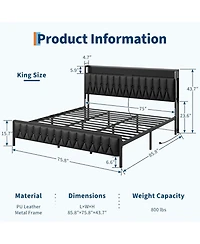 gaomon Contemporary Metal Bed Frame – King Size with Pu Faux Leather Button Headboard – Charging Station – 12" Underbed Storage