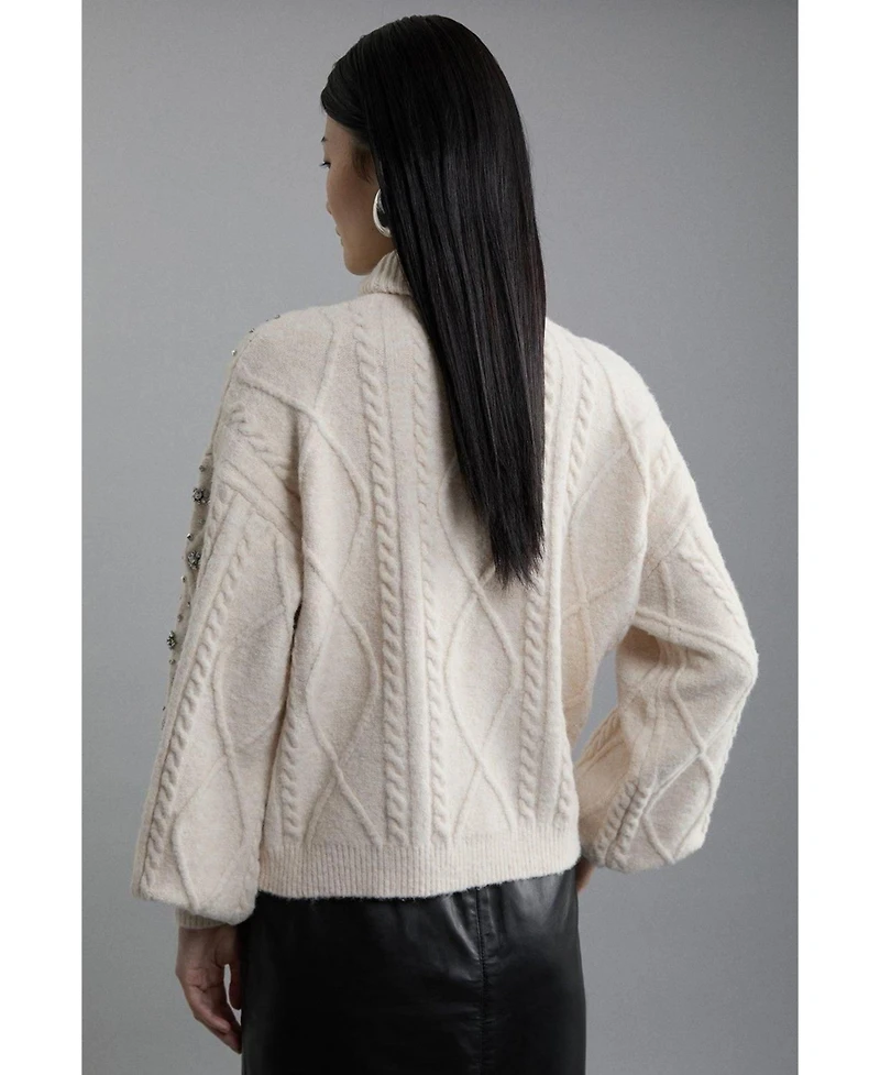 Karen Millen Women's Wool Blend Embellished Cable Knit Jumper