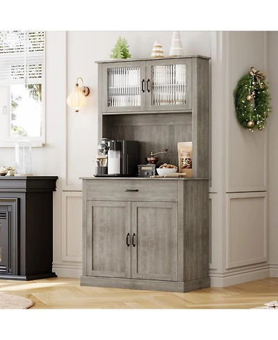 gaomon Kitchen Pantry Cabinet with Microwave Stand & Coffee Bar,Wooden Freestanding Hutch Cabinet with Adjustable Shelves and 4 Doors