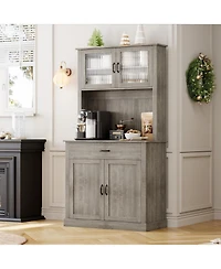 gaomon Kitchen Pantry Cabinet with Microwave Stand & Coffee Bar,Wooden Freestanding Hutch Cabinet with Adjustable Shelves and 4 Doors