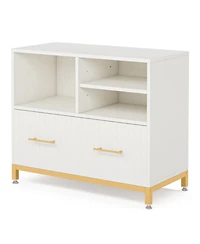 Rainsken File Storage Cabinet for Letter/Legal/A4 Size Files, Modern Wood Lateral File Cabinet with Drawer and 3 Open Storage Spaces for Home Office