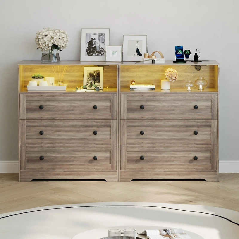 gaomon 3-Drawer Wooden Dresser with Led Lights & Charging Station, Storage Chest for Living Room & Closet.
