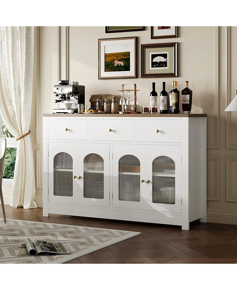 gaomon Buffet Cabinet with Storage, Modern Sideboard with Arched Acrylic Fluted Doors & 3 Drawers