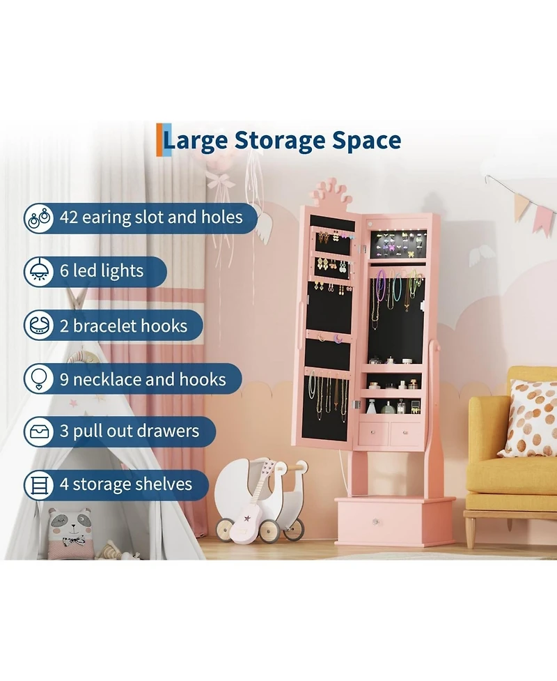 gaomon Kids Jewelry Armoire with Full-Length Mirror and Led Light