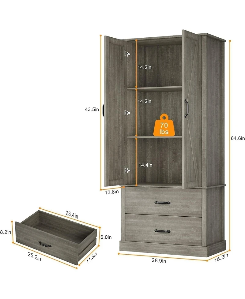 gaomon Kitchen Pantry Cabinet, Barn Door Kitchen Cabinet with Barn Doors, Drawers and 2 Adjustable Shelf, Freestanding Tall Hutch for Kitchen