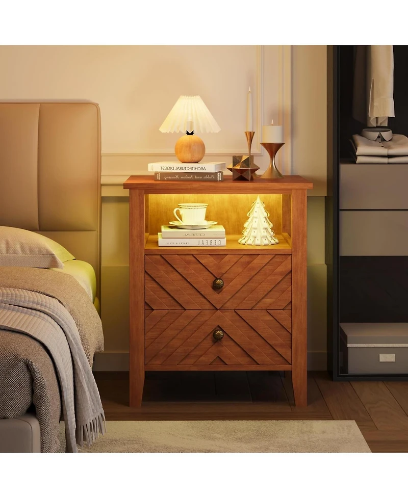 gaomon Led Night Stand with 2 Storage Drawers and Stable Wooden Legs, Farmhouse Nightstand w/V-Shaped Design & Open Storage Shelf