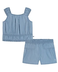 Calvin Klein Girls' 2T-6X Smocked Denim Top and Shorts, 2-Piece Set