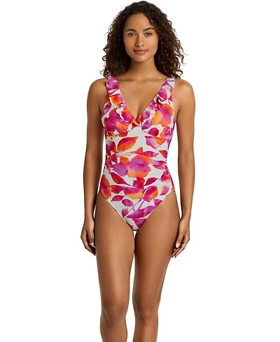 Lauren Ralph Women's Ruffle V-Neck One-Piece Swimsuit