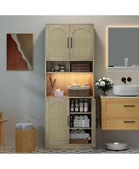 gaomon Tall Pantry Cabinet Led Light Microwave Shelf Oak