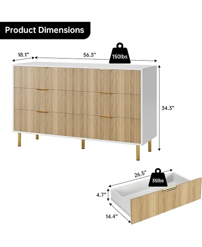 gaomon 6 Drawer Dresser Natural Wood Gold Handles Anti Tip Device