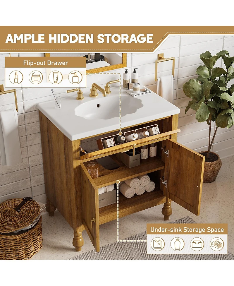 Sillysis 30 Inch Freestanding Bathroom Vanity with Seashell Resin Sink, Flip-Up Organizer & Soft Close Storage for Modern Space