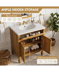 Sillysis 30 Inch Freestanding Bathroom Vanity with Seashell Resin Sink, Flip-Up Organizer & Soft Close Storage for Modern Space