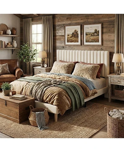 gaomon Upholstered Platform Bed Frame Vertical Channel Tufted Adjustable Headboard, Strong Wooden Slats Support