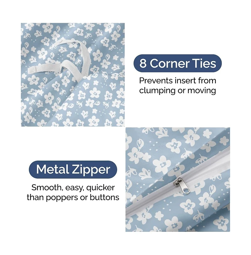 Cgk Unlimited Duvet Floral Cover Set with Pillow Sham, Zipper Closure & Corner Ties