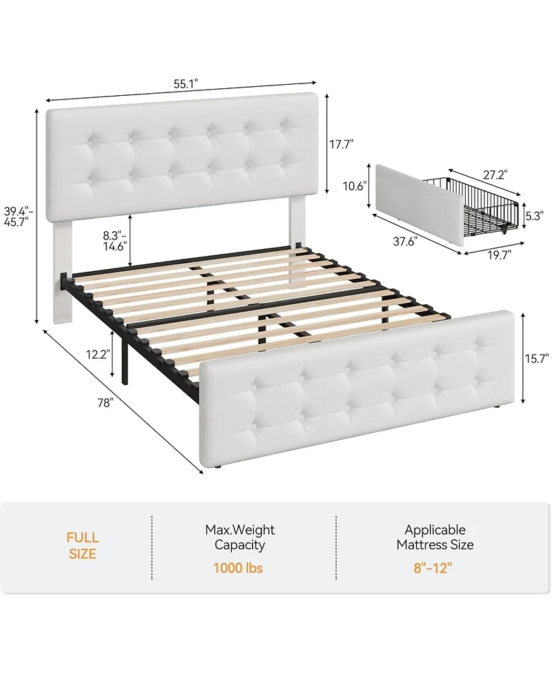 gaomon Full Bed Frame With 4 Drawers Faux Leather Upholstered Headboard Button Design Wood Slats No Box Spring