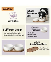 Aronkl Ceramic Dog Bowls Set with Wood Tray Food Water Non-Slip Stable Farmhouse Style
