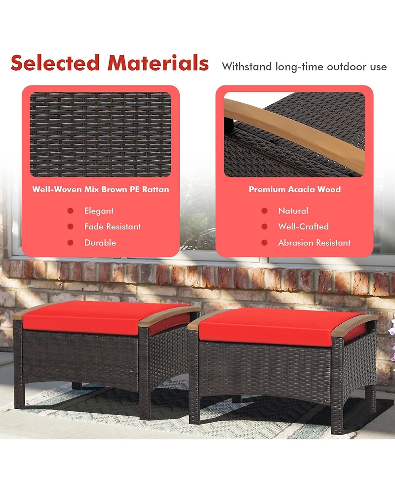 Gymax 2PCS Patio Ottomans Wooden Handles Rattan Knitting Foot Pedal Red