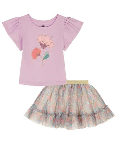 Kids Headquarters Girls' 2T-6X Flutter Sleeve Top and Printed Tulle Skort, 2-Piece Set