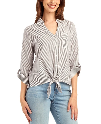 Bcx Women's Striped Tie-Front Button-Up Shirt