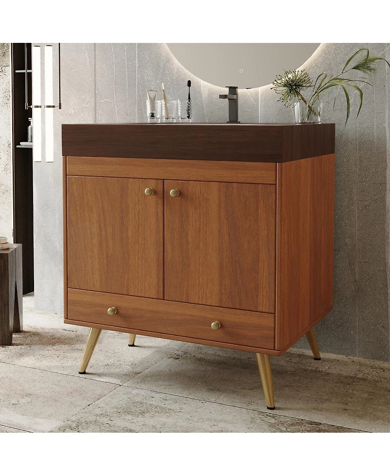Sillysis 30" Freestanding Bathroom Vanity with Faux Marble Top, Ceramic Sink, Soft Close Storage for Small Bathrooms