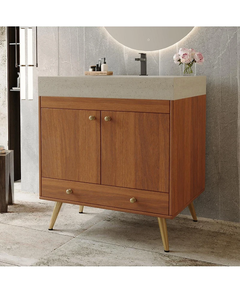 Sillysis 30" Freestanding Bathroom Vanity with Faux Marble Top, Ceramic Sink, Soft Close Storage for Small Bathrooms