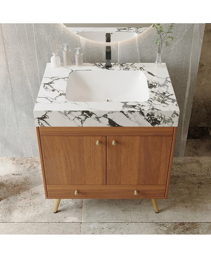Sillysis 30" Freestanding Bathroom Vanity with Faux Marble Top, Ceramic Sink, Soft Close Storage for Small Bathrooms
