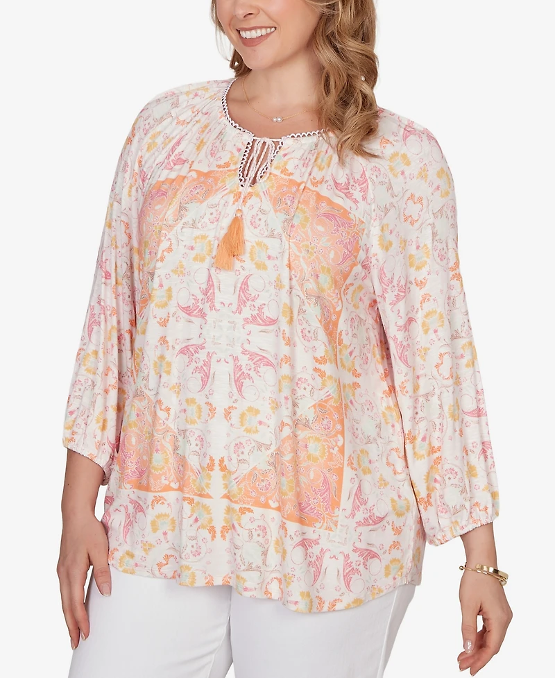 Ruby Rd. Plus Tapestry Print Drawstring Peasant Top