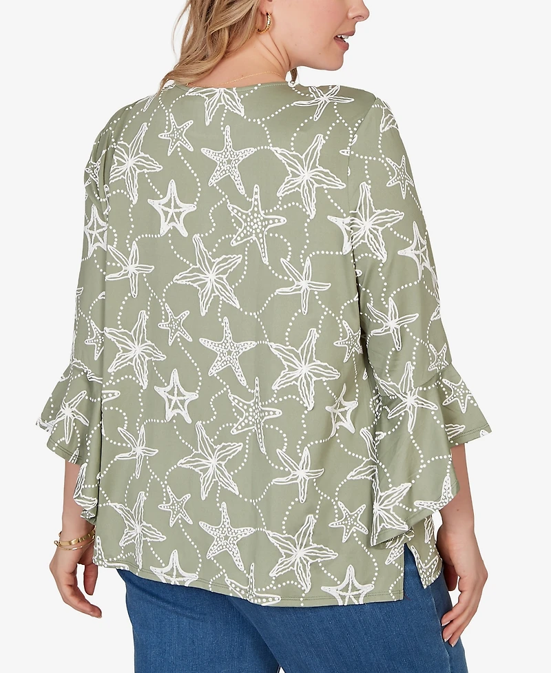Ruby Rd. Plus Starfish Puff Print Flutter Sleeve Top