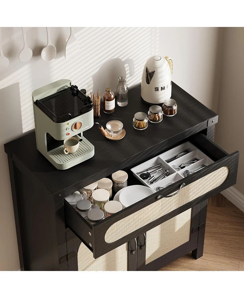 gaomon Rattan Sideboard Buffet Cabinet with Drawer, Farmhouse Boho Coffee Bar Storage Console