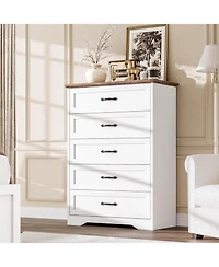 gaomon Farmhouse 5 Drawers Dresser for Bedroom, 44'' Tall Chest of Drawer, Wooden Vertical Dresser with Metal Handles and Stable Base