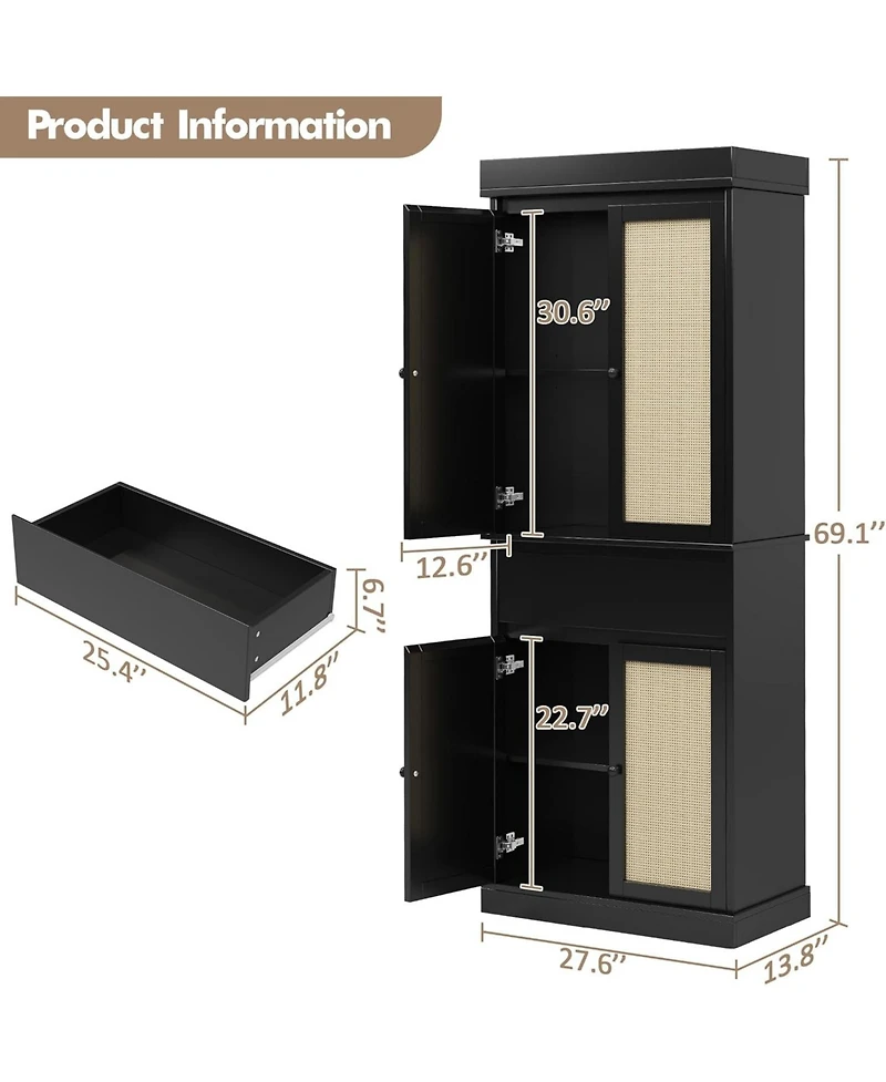 gaomon 70" Rattan Pantry Cabinet, Pantry Storage Cabinet with 4 Doors, Freestanding Cupboard with 3 Adjustable Shelves