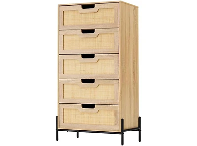 gaomon 5-Drawer Rattan Dresser, Tall Wood Chest with Metal Legs, Mid-Century