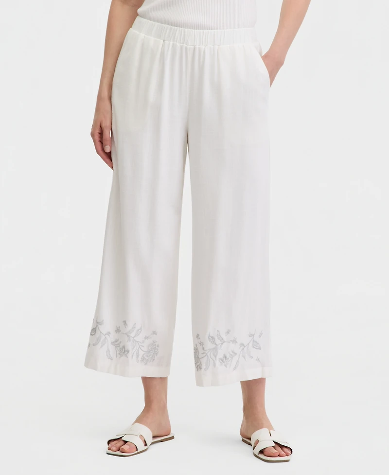 Jm Collection Women's High-Rise Embroidered Linen-Blend Cropped Pants, Macy's Exclusive