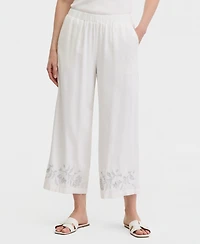 Jm Collection Women's High-Rise Embroidered Linen-Blend Cropped Pants, Macy's Exclusive