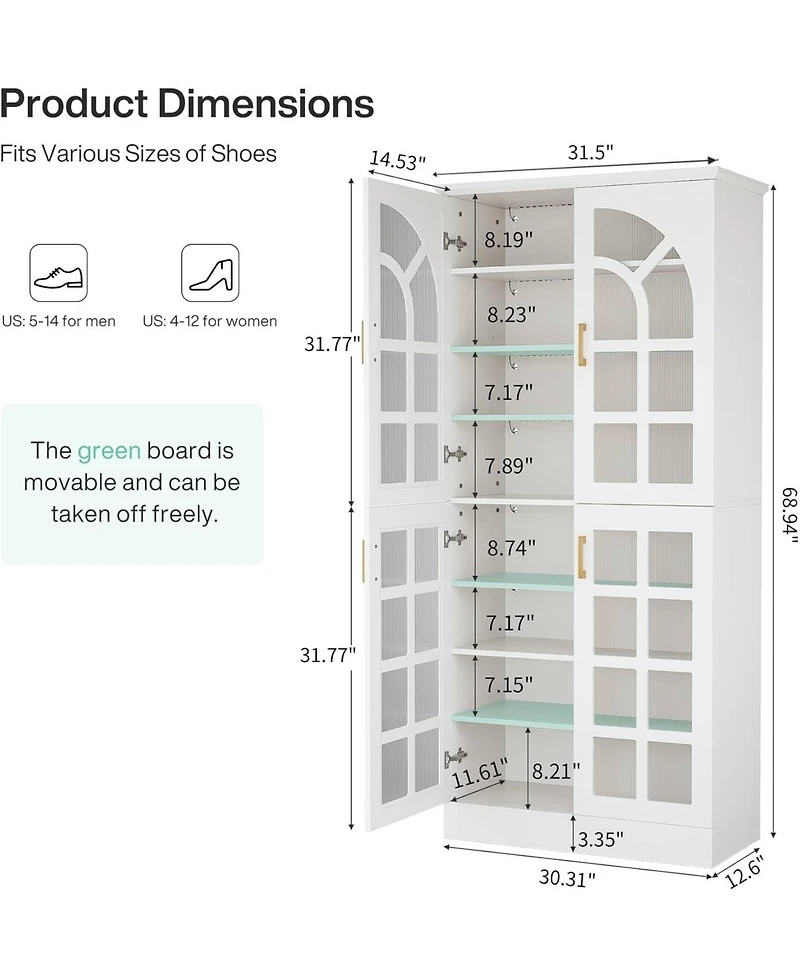 Tribesigns 68.94" Tall Shoe Cabinet with Doors and Led Lights Set of 2, 8-Tier Wooden Shoe Rack Organizer with Adjustable Shelves